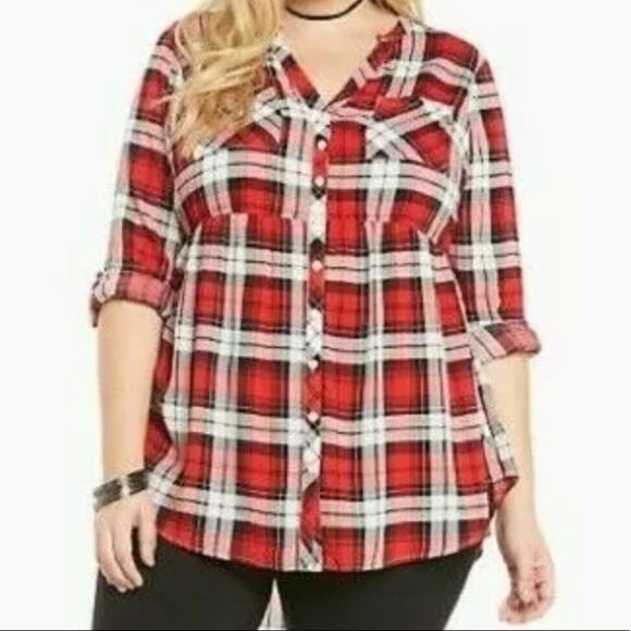 Torrid red plaid babydoll top size 4X plus long sleeve blouse button down - Picture 1 of 8